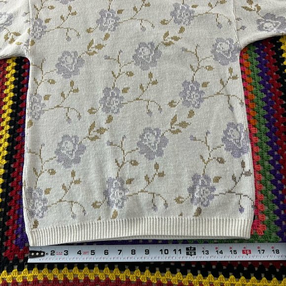 Vintage 80s Kate Collins Floral Metallic Pattern Wide Crewneck Knit Swea… - Picture 10 of 10